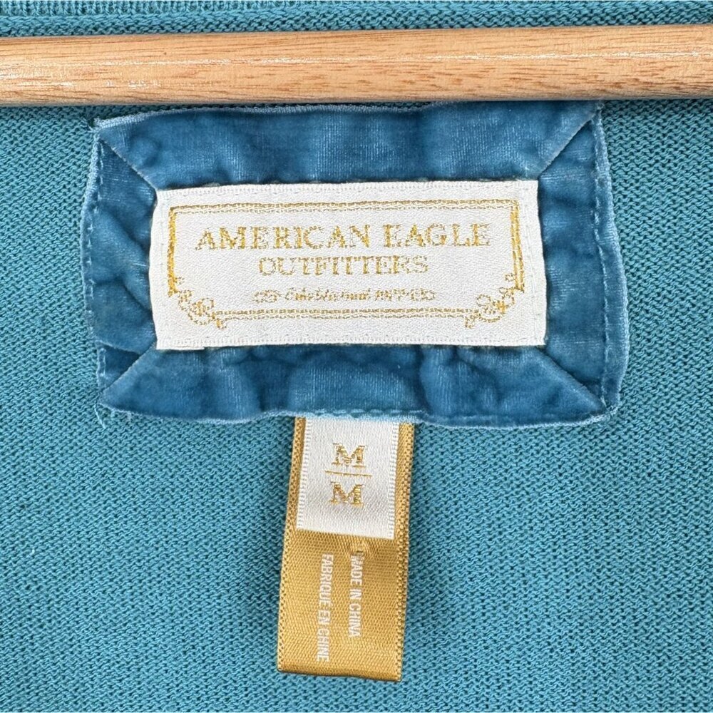 American Eagle Outfitters Women's V-Neck Hooded Sweater M Teal Logo Y2k Preppy - Picture 5 of 12